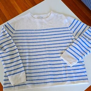 Reformation 100% Cashmere Ivory/Blue Striped boyfriend crew boxy sweater L NWOT